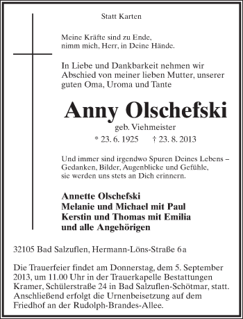 Anzeige  Anny Olschefski  Lippische Landes-Zeitung