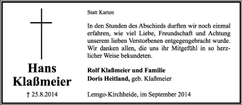 Anzeige  Hans Klaßmeier  Lippische Landes-Zeitung