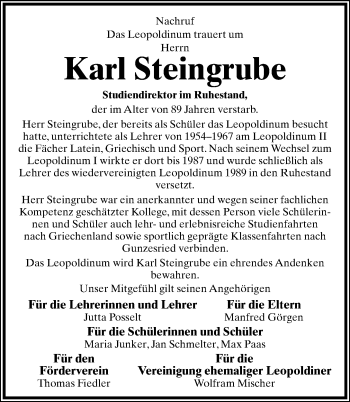 Anzeige  Karl Steingrube  Lippische Landes-Zeitung
