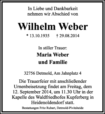 Anzeige  Wilhelm Weber  Lippische Landes-Zeitung