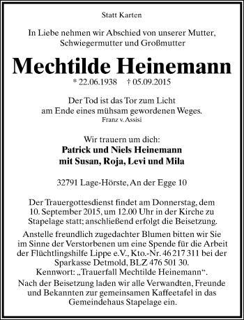 Anzeige  Mechtilde Heinemann  Lippische Landes-Zeitung
