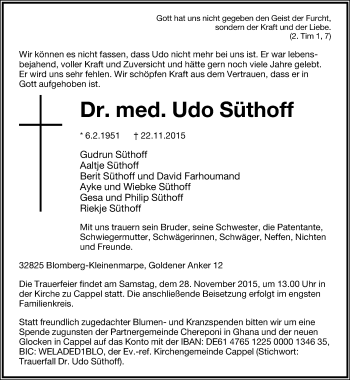 Anzeige  Udo Süthoff  Lippische Landes-Zeitung