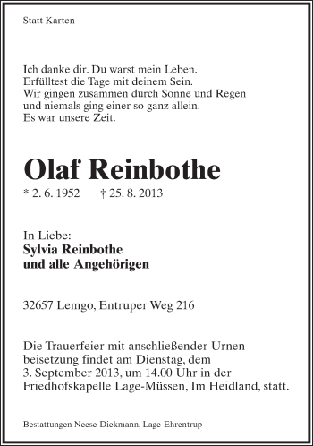 Anzeige  Olaf Reinbothe  Lippische Landes-Zeitung