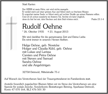 Anzeige  Rudolf Oehne  Lippische Landes-Zeitung