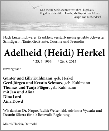 Anzeige  Adelheid Herkel  Lippische Landes-Zeitung