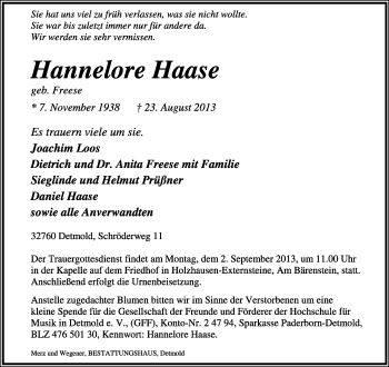 Anzeige  Hanelore Haase  Lippische Landes-Zeitung