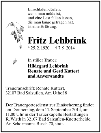 Anzeige  Fritz Lehbrink  Lippische Landes-Zeitung