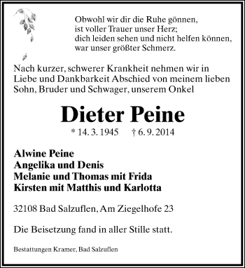 Anzeige  Dieter Peine  Lippische Landes-Zeitung