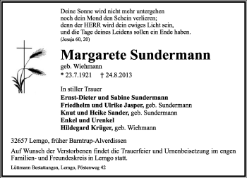 Anzeige  Margarete Sundermann  Lippische Landes-Zeitung