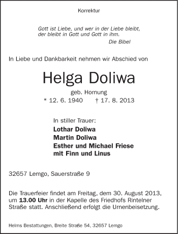 Anzeige  Helga Doliwa  Lippische Landes-Zeitung