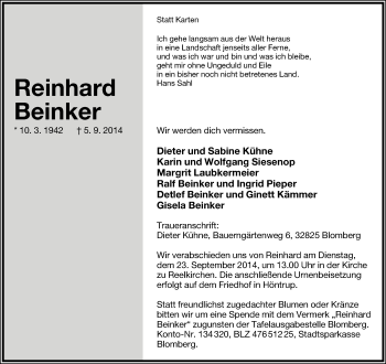 Anzeige  Reinhard Beinker  Lippische Landes-Zeitung