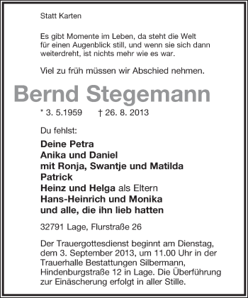 Anzeige  Bernd Stegemann  Lippische Landes-Zeitung