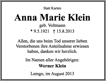 Anzeige  Anna Marie  Klein  Lippische Landes-Zeitung