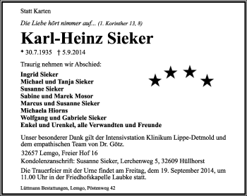Anzeige  Karl-Heinz Sieker  Lippische Landes-Zeitung