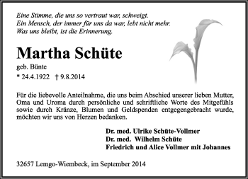 Anzeige  Martha Schüte  Lippische Landes-Zeitung