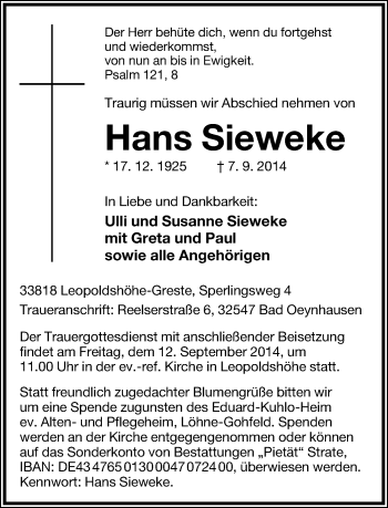 Anzeige  Hans Sieweke  Lippische Landes-Zeitung