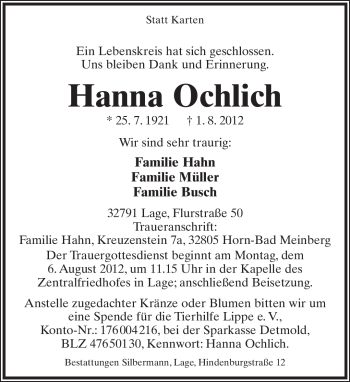 Anzeige  Hanna Ochlich  Lippische Landes-Zeitung