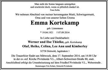 Anzeige  Emma Kortekamp  Lippische Landes-Zeitung
