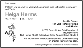 Anzeige  Helga Herms  Lippische Landes-Zeitung