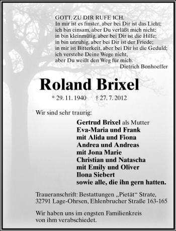 Anzeige  Roland Brixel  Lippische Landes-Zeitung