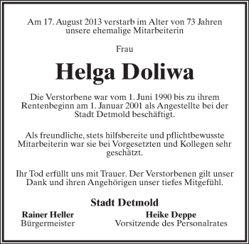 Anzeige  Helga Doliwa  Lippische Landes-Zeitung