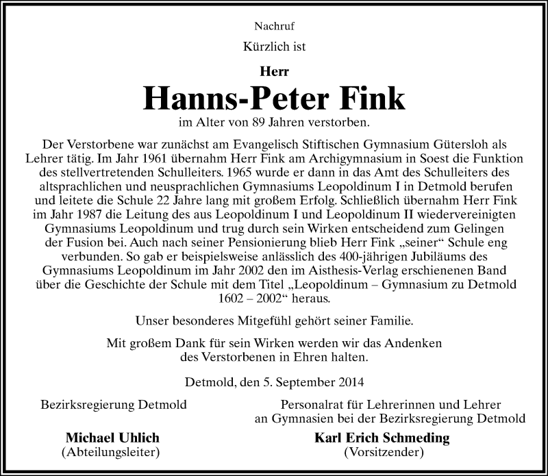  Traueranzeige für Hanns-Peter Fink vom 10.09.2014 aus Lippische Landes-Zeitung