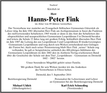 Anzeige  Hanns-Peter Fink  Lippische Landes-Zeitung