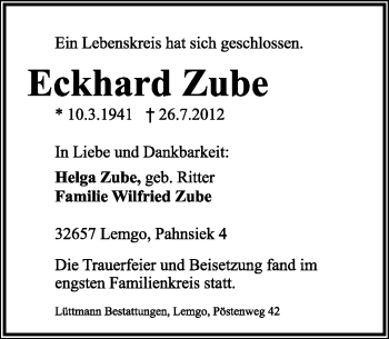 Anzeige  Eckhard Zube  Lippische Landes-Zeitung