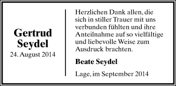 Anzeige  Gertrud Seydel  Lippische Landes-Zeitung