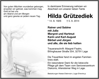 Anzeige  Hilda Grützediek  Lippische Landes-Zeitung
