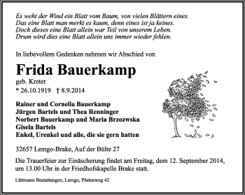 Anzeige  Frida Bauerkamp  Lippische Landes-Zeitung