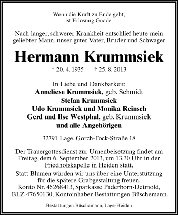 Anzeige  Hermann Krummsiek  Lippische Landes-Zeitung