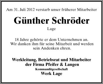 Anzeige  Günther Schröder  Lippische Landes-Zeitung