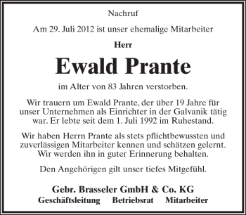 Anzeige  Ewald Prante  Lippische Landes-Zeitung