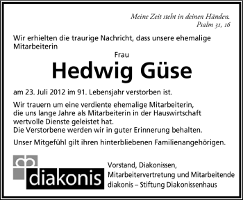 Anzeige  Hedwig Güse  Lippische Landes-Zeitung