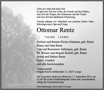 Anzeige  Ottomar Rentz  Lippische Landes-Zeitung