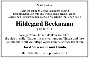 Anzeige  Hildegard Beckmann  Lippische Landes-Zeitung