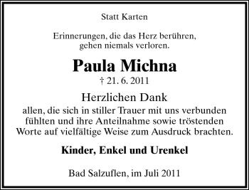 Anzeige  Paula Michna  Lippische Landes-Zeitung