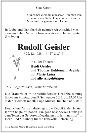 Anzeige  Rudolf Geisler  Lippische Landes-Zeitung