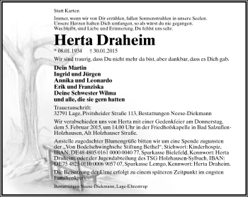 Anzeige  Herta Draheim  Lippische Landes-Zeitung