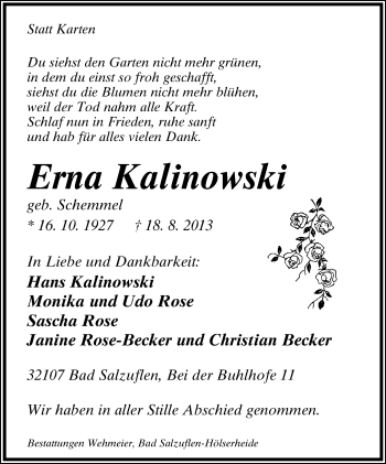 Anzeige  Erna Kalinowski  Lippische Landes-Zeitung
