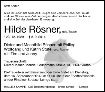 Anzeige  Hilde Rösner  Lippische Landes-Zeitung