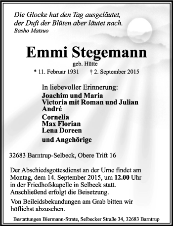 Anzeige  Emmi Stegemann  Lippische Landes-Zeitung