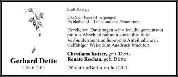 Anzeige  Gerhard Dette  Lippische Landes-Zeitung