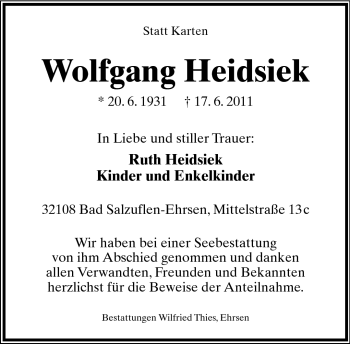 Anzeige  Wolfgang Heidsiek  Lippische Landes-Zeitung
