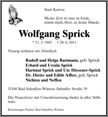 Anzeige  Wolfgang Sprick  Lippische Landes-Zeitung