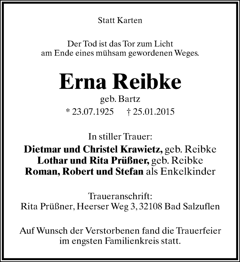  Traueranzeige für Erna Reibke vom 31.01.2015 aus Lippische Landes-Zeitung