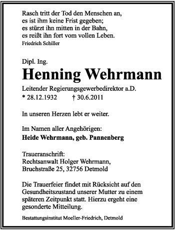 Anzeige  Henning Wehrmann  Lippische Landes-Zeitung