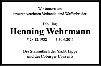 Anzeige  Henning Wehrmann  Lippische Landes-Zeitung