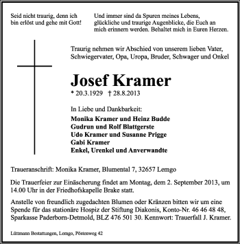 Anzeige  Josef Kramer  Lippische Landes-Zeitung